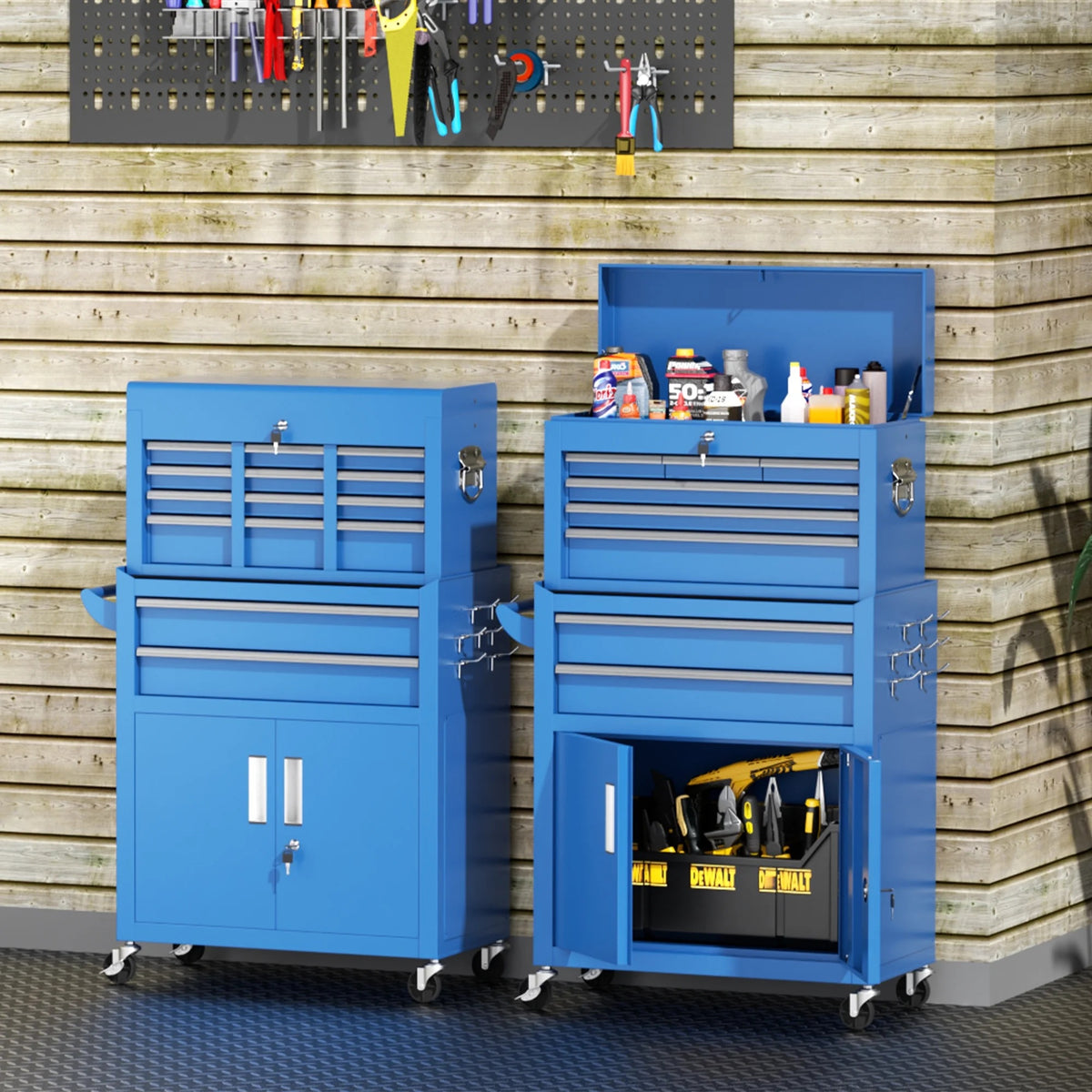 SUNCROWN 2-IN-1 Tool Chest, 8-Drawer Rolling Tool Chest with Hooks and Lockable Wheels,Metal Storage Detachable Top Tool Box with Lockable Wheels for Garage, Workshop, Art Studio(Black)