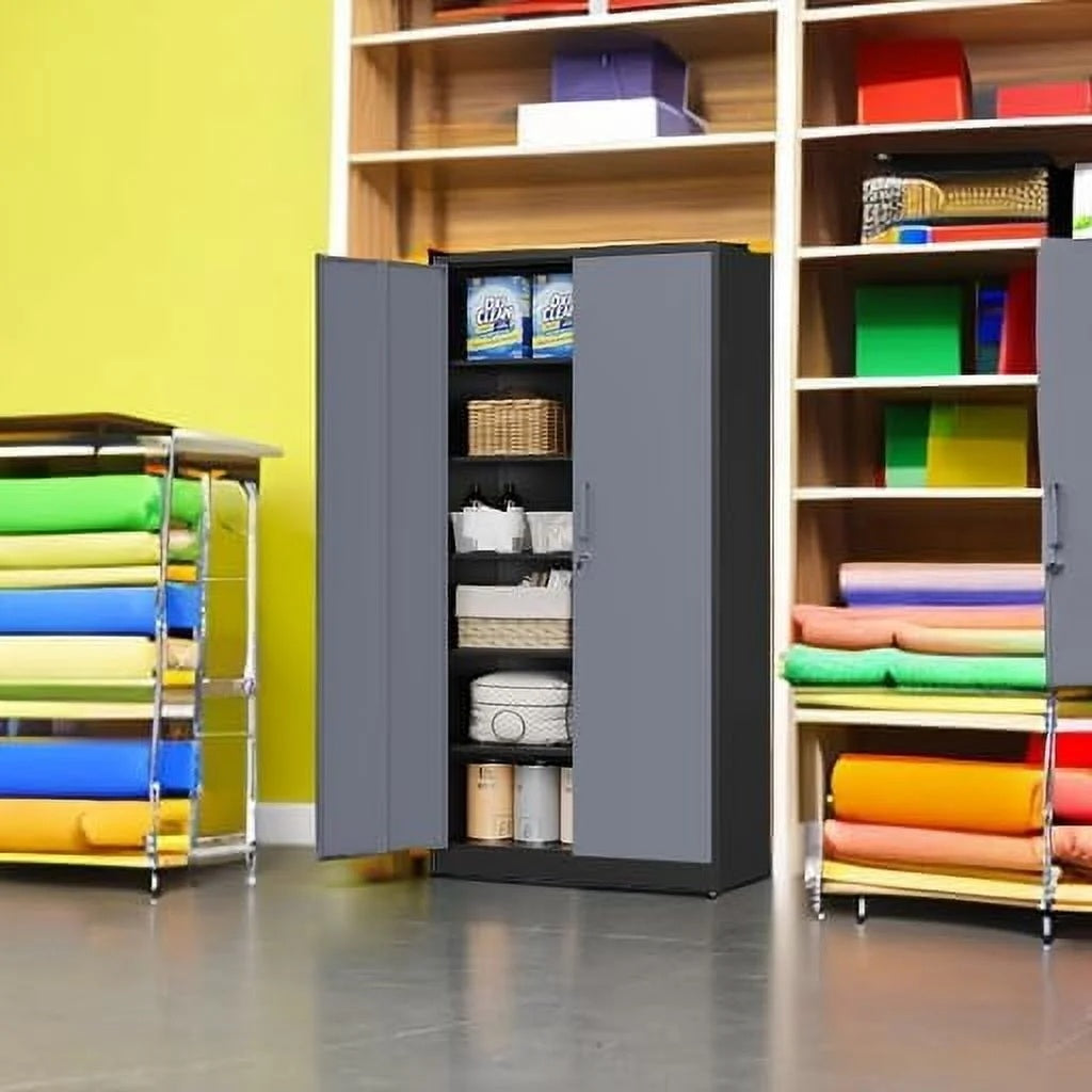 MIIIKO Metal Storage Cabinet with Locking Doors, Black Garage Lockable Steel Cabinets with 4 Doors and 5 Shelves for Home, Garage, Pantry Workshop Warehouse