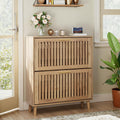 31.5" W Shoe Cabinet Storage for Entryway with 2 Flip Drawers, Shoe Cabinet with Slatted Panel, Hidden Shoe Rack Freestanding Slim Shoes Organizer for Hallway, Entrance, Walnut