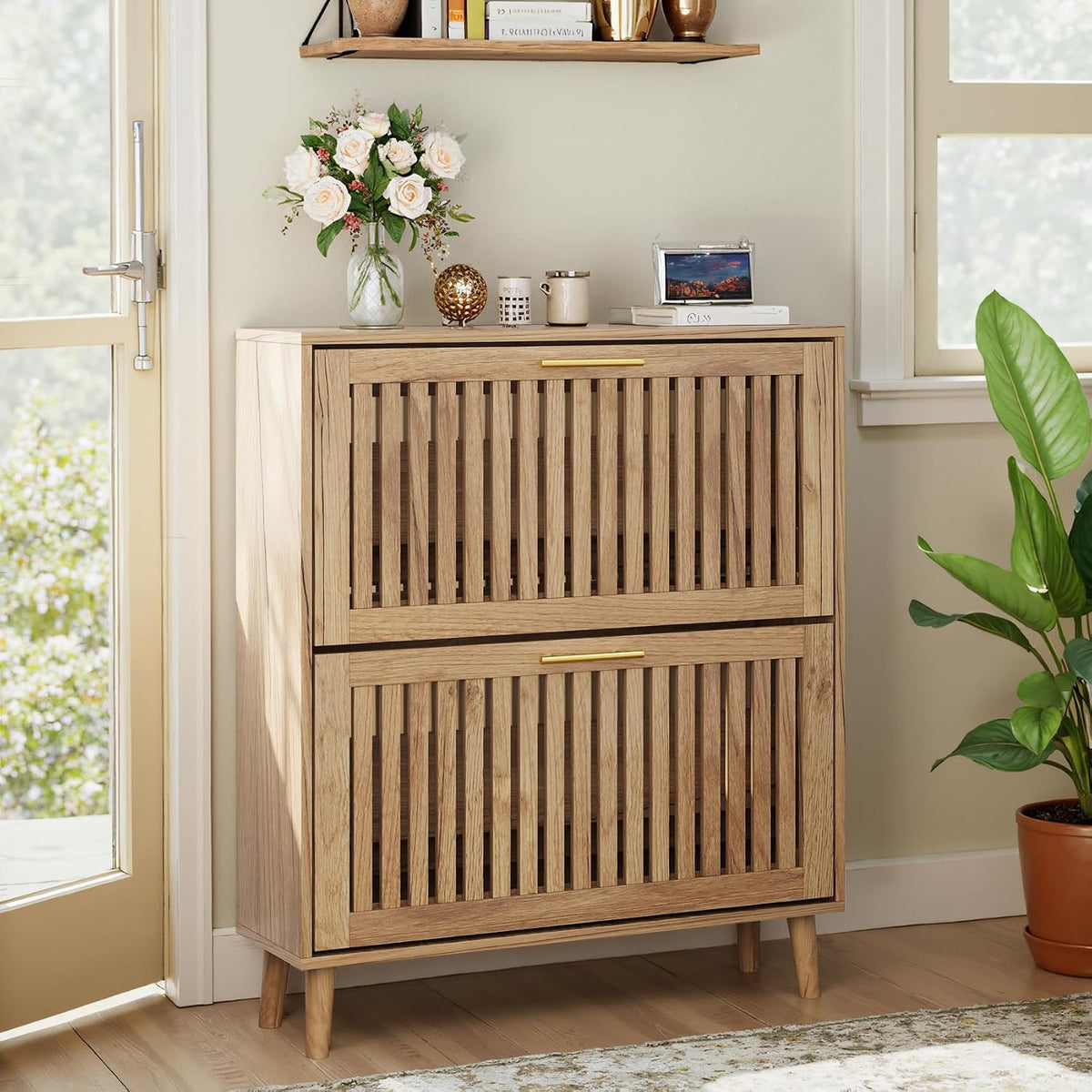 31.5" W Shoe Cabinet Storage for Entryway with 2 Flip Drawers, Shoe Cabinet with Slatted Panel, Hidden Shoe Rack Freestanding Slim Shoes Organizer for Hallway, Entrance, Walnut