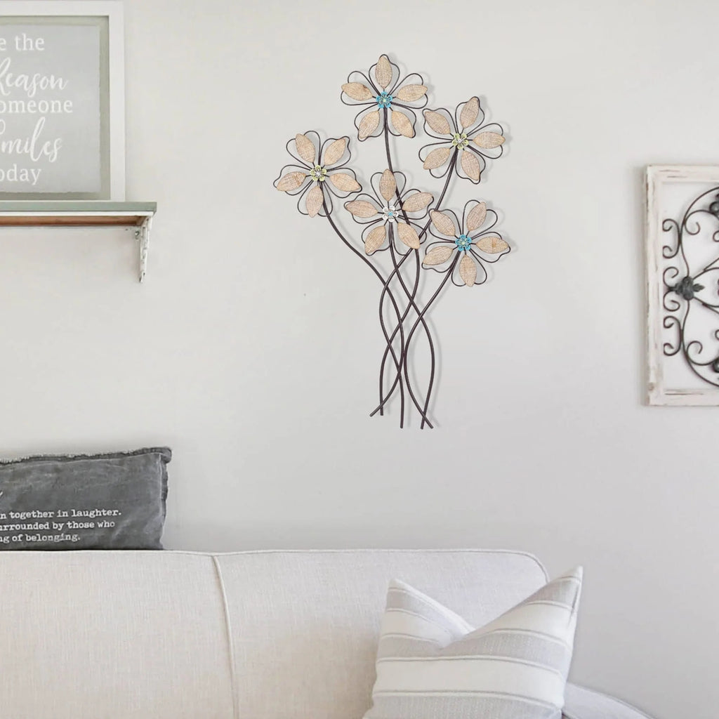 Metal Wall Decor with 5 Flowers, Decorative Floral Wall Hanging Sculpture for Living Room, Bedroom and Home Decoration