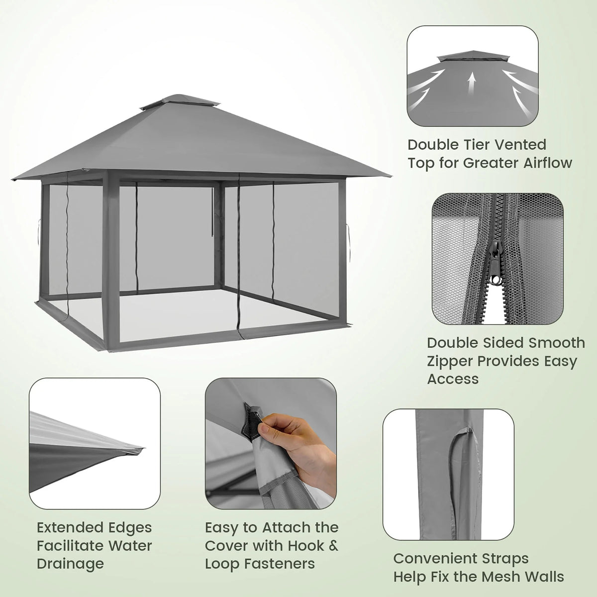 Costway 13x13ft Pop-up Instant Canopy Tent Mesh Sidewall UV50+ Adjust Outdoor Patio Khaki