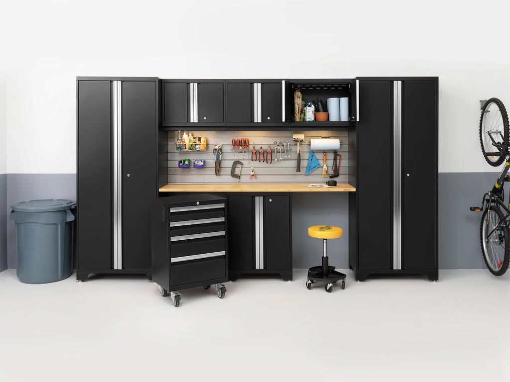 NEWAGE PRODUCTS INC. Bold Steel 7-Piece Garage Storage Cabinet Set Black with Bamboo Worktop
