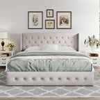 Queen Size Lift Up Storage Bed with Wingback Headboard, Upholstered Platform Bed Frame with Hidden Storage