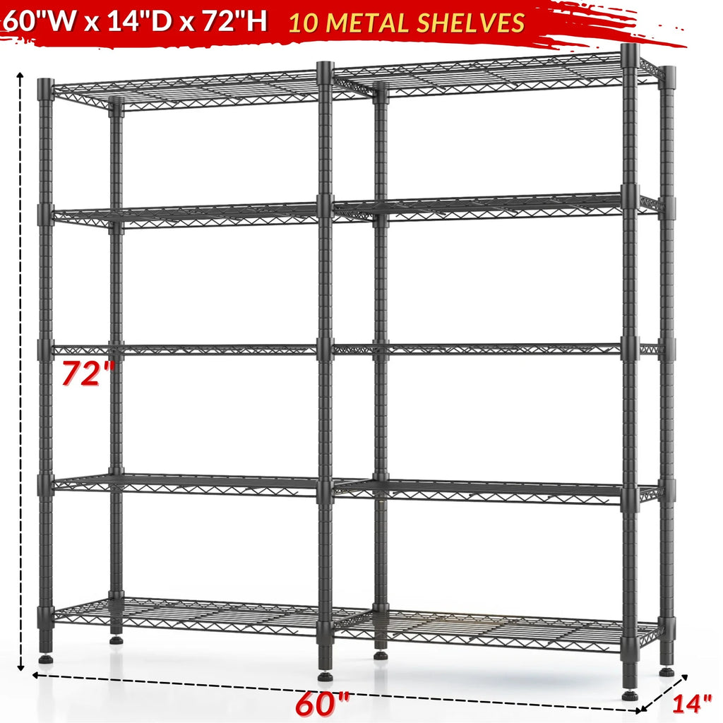 Legooin 72"H Extra-wide Metal Shelves 60"W Storage Rack for Pantry Office Garage Capacity 1500LBS Adjustable Corner Shelving Unit, Black