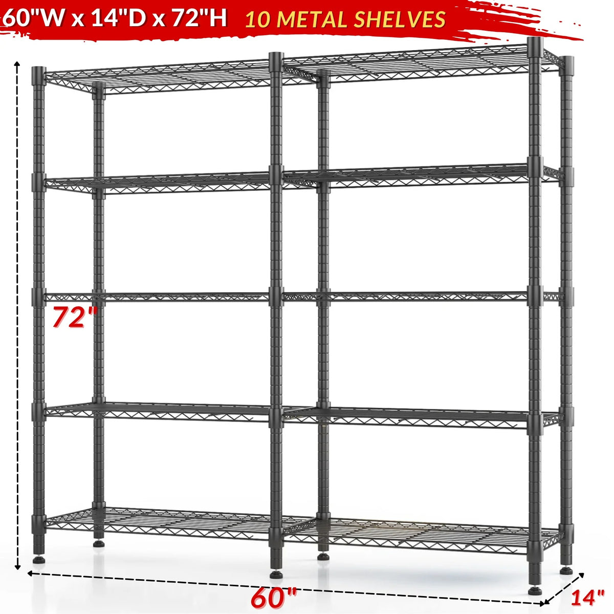 Legooin 72"H Extra-wide Metal Shelves 60"W Storage Rack for Pantry Office Garage Capacity 1500LBS Adjustable Corner Shelving Unit, Black