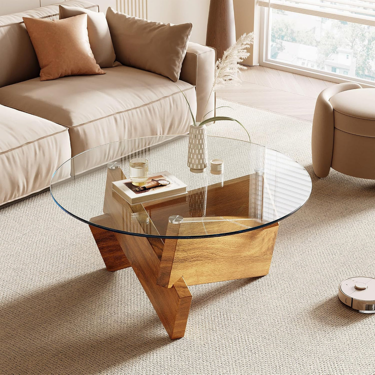 Modern Round Coffee Table, 30.7" x 30.7" x 16.1" Tempered Glass Top for Living Room, Color: Walnut