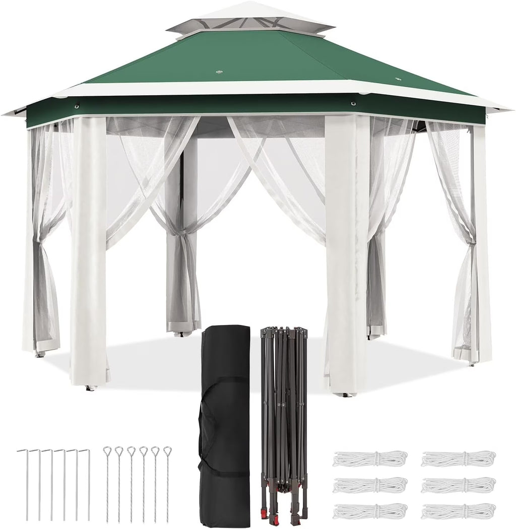 13x13 Gazebo Outdoor Canopy Shelter,Instant Patio Gazebo Sun Shade Canopy Tent with 6 Zippered Mesh Netting and Strong Steel Frame for Lawn,Garden,Backyard,Deck Party