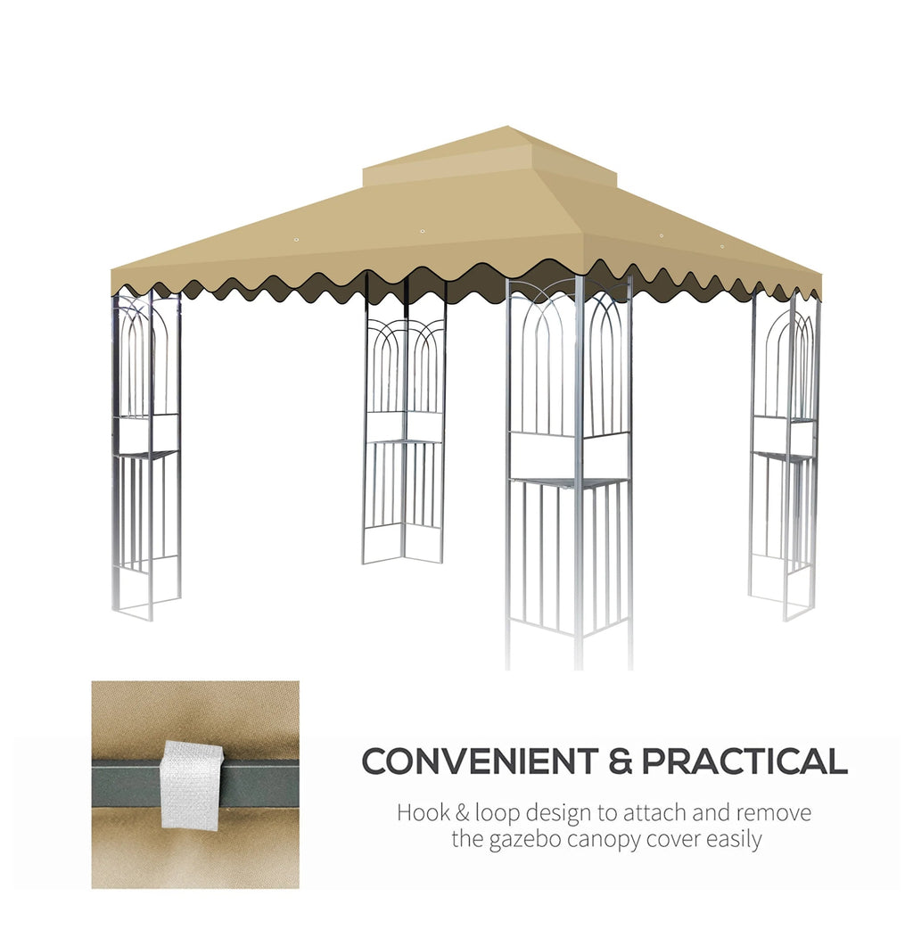 10x10 Ft Outdoor Patio Gazebo Replacement Canopy,Double Tiered Gazebo Tent Roof Top Cover Only wavy border(Frame Not Include)-Tan
