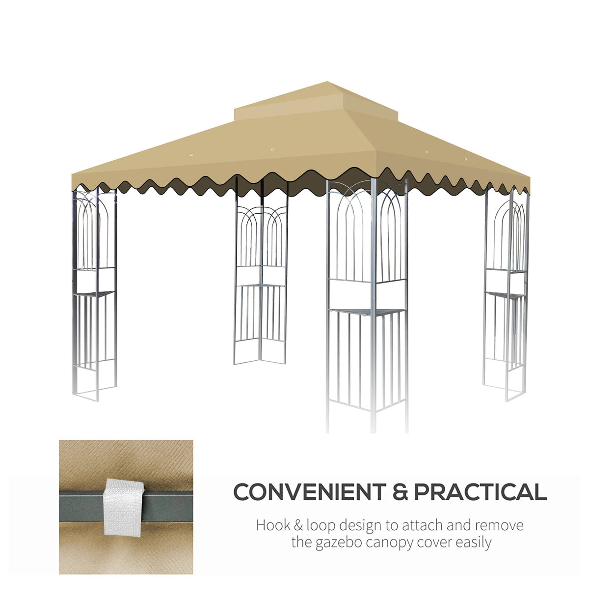 10x10 Ft Outdoor Patio Gazebo Replacement Canopy,Double Tiered Gazebo Tent Roof Top Cover Only wavy border(Frame Not Include)-Tan