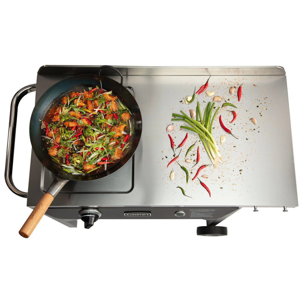 Outdoor Wok Station, 50,000 BTU Propane Outdoor Wok Burner w Prep Table, 14 Carbon Steel Wok for Stir Fry, Searing, BBQ Black