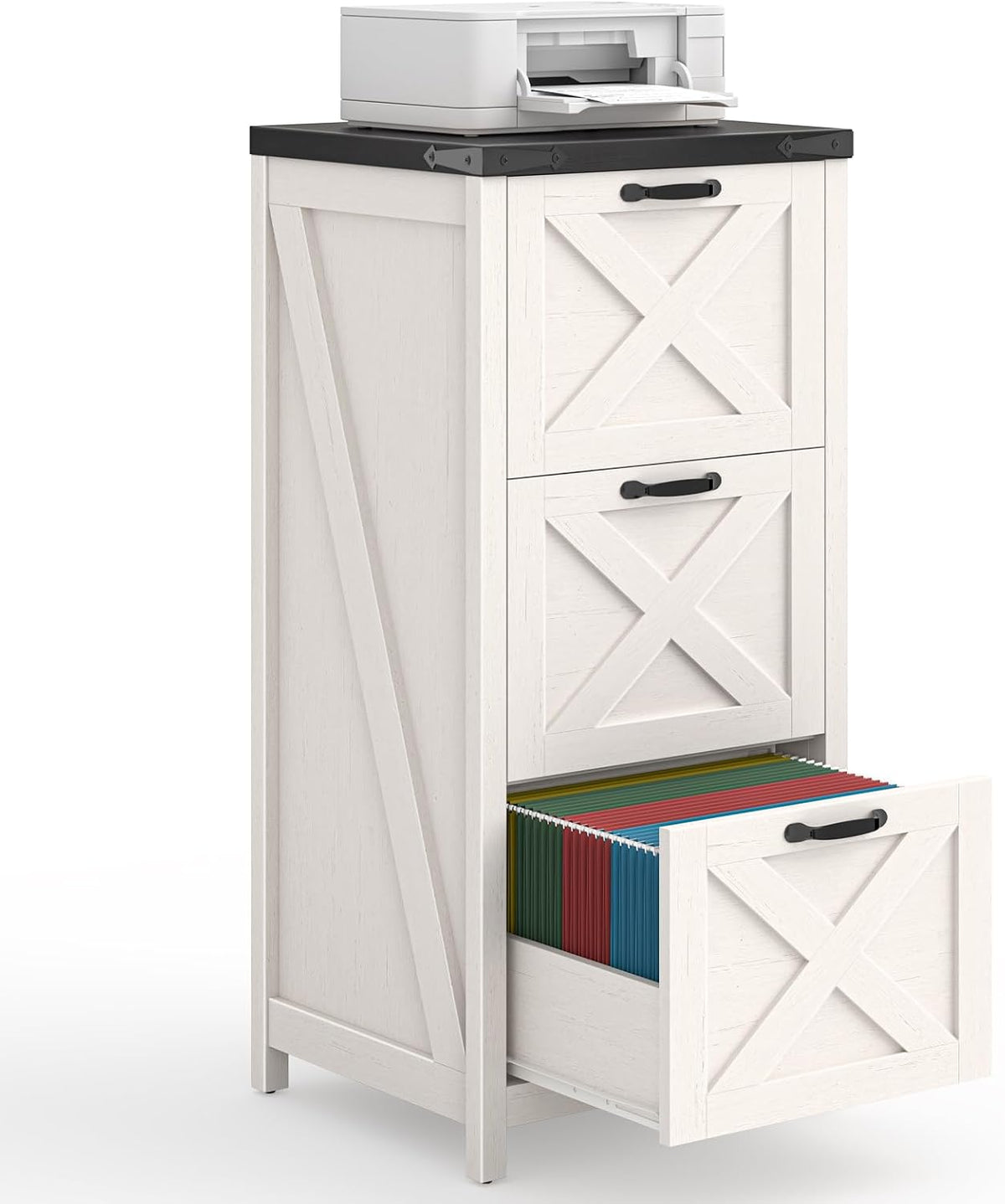 3 Drawers Tall Farmhouse File Cabinet with Wheels, Rustic White