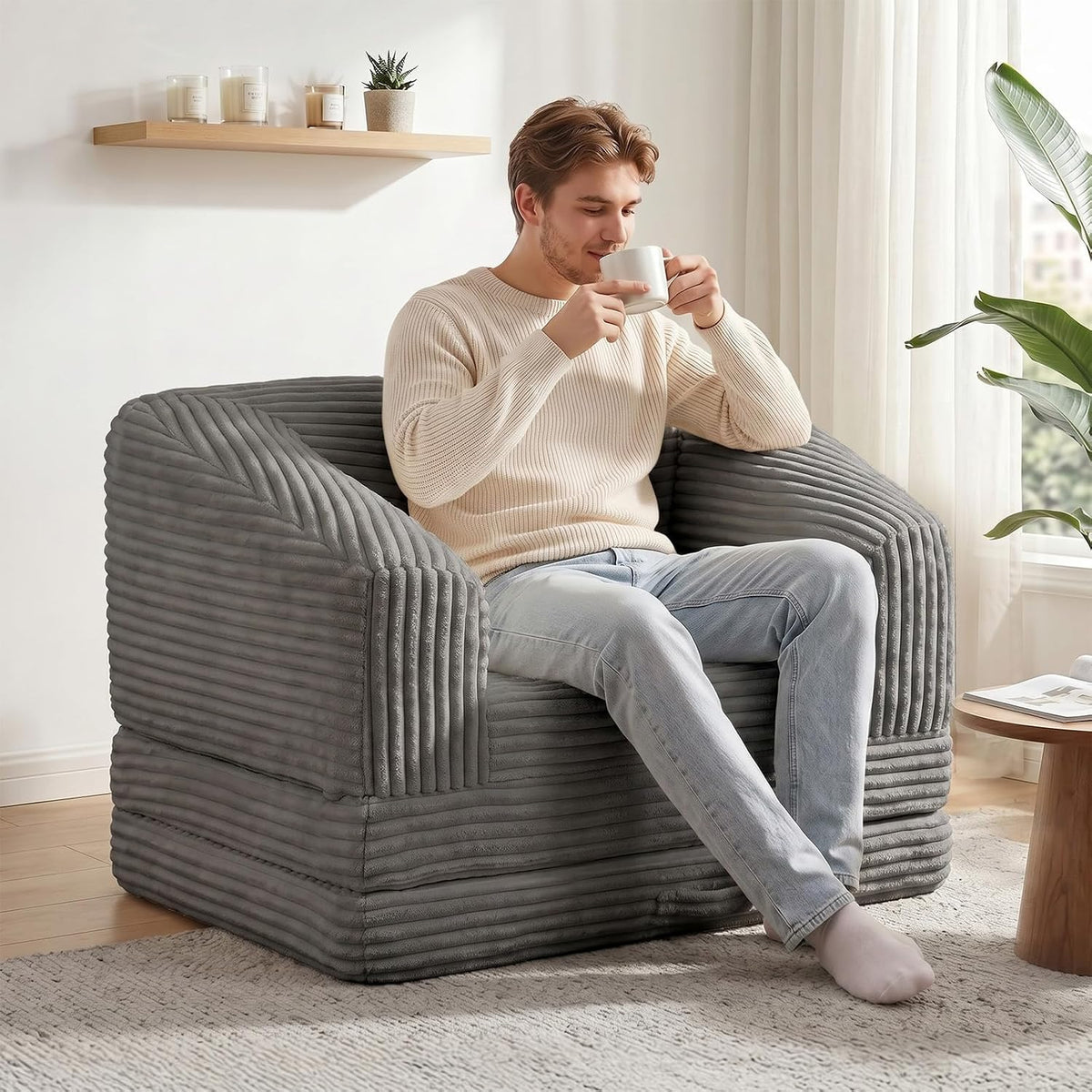 Loveseat 51 inch, 2-in-1 Convertible Tri-Folding Sofa Bed with Thick Backrest & Carry Handle, Gray Foldable Couch Bed Lounger Sleeper Sofa for Living Room, Guest Room, Soft Corduroy
