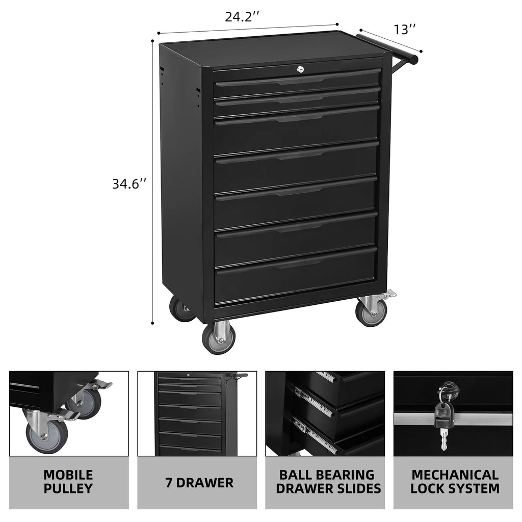 7-Drawer Rolling Tool Chest Cabinet, Large Capacity Metal Tool Box with Wheels and Cylinder Locking, Roll Around Storage Organizer Tool Cart for Garage, Warehouse, Work Shop - Black