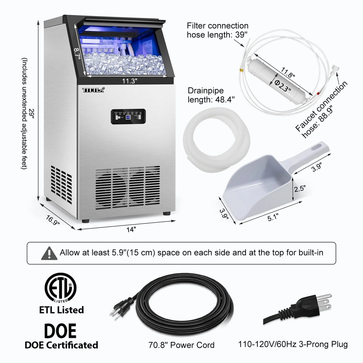 Tittla Commercial Ice Maker 88Lbs/24H,Ice Machine with 11 lbs Storage,36 Cubes in 15-25 mins