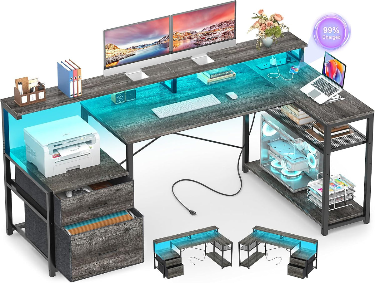 L Shaped Desk with File Drawer, Reversible L Shaped Gaming Desk