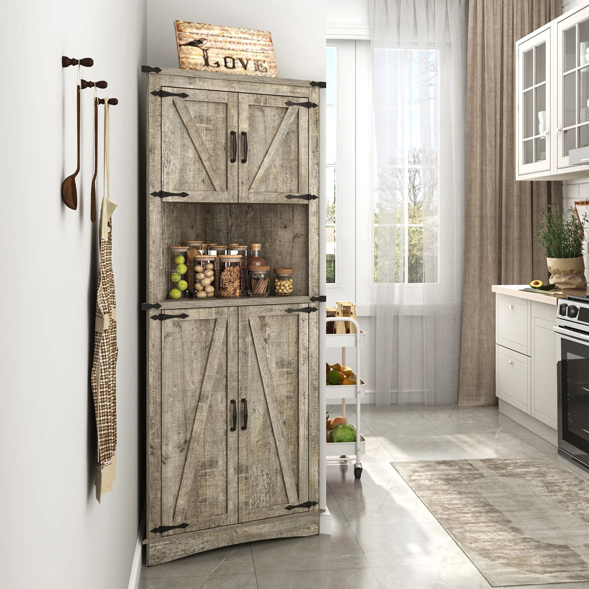 Blotout 68" Tall Farmhouse Corner Cabinet with 4 Doors, 28.3" W Barn Door Storage Cabinet with Adjustable Shelves, 5 Tier Corner Storage Cabinet for Bathroom,Living Room,Kitchen
