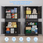 GangMei 71 Inches Tall Metal Garage Storage Cabinets with 5 Adjustable Shelves & Pegboards, Lockable Steel Black Storage Cabinet with Doors for Office, Home, School, Shops, Garage, Assembly required