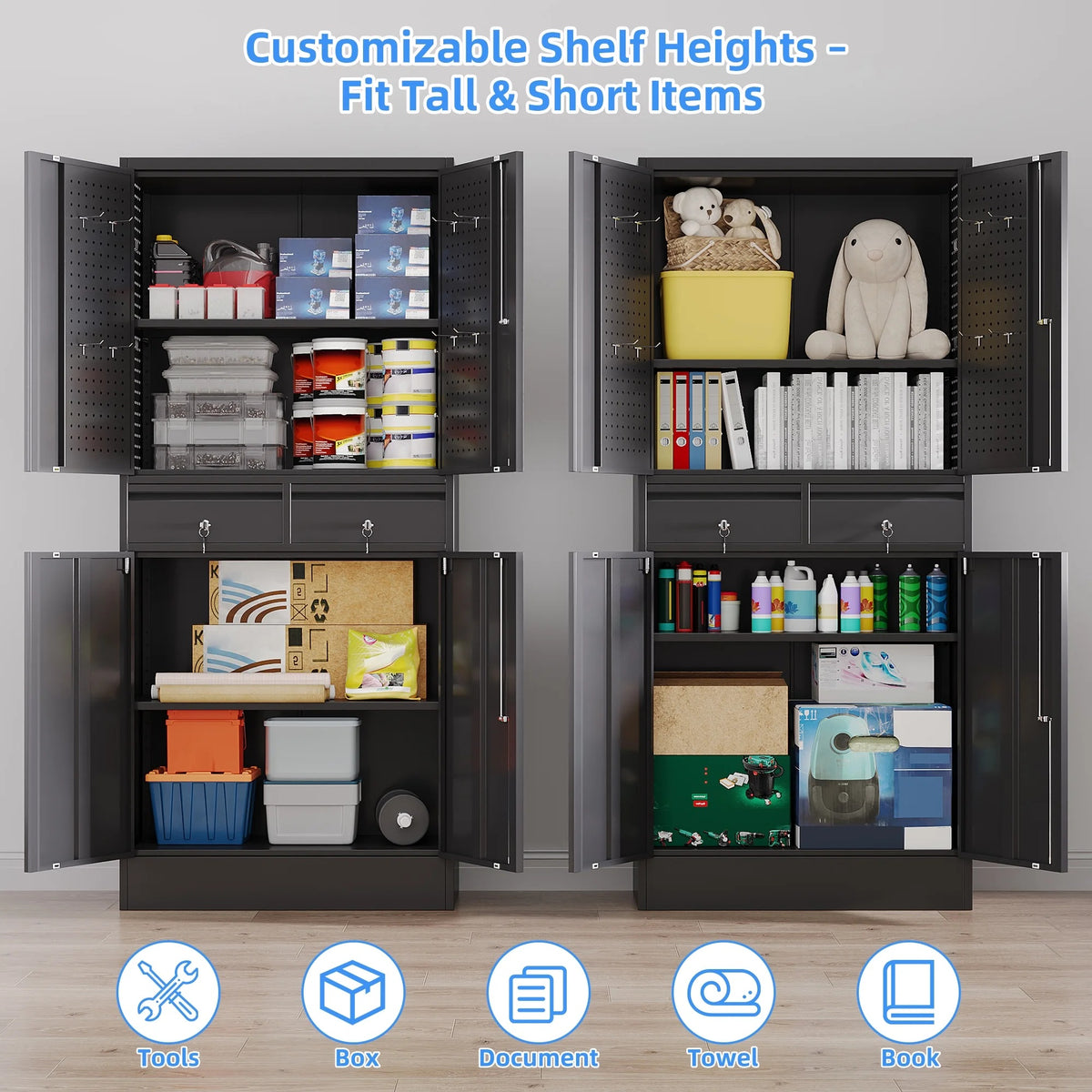 GangMei 71 Inches Tall Metal Garage Storage Cabinets with 5 Adjustable Shelves & Pegboards, Lockable Steel Black Storage Cabinet with Doors for Office, Home, School, Shops, Garage, Assembly required