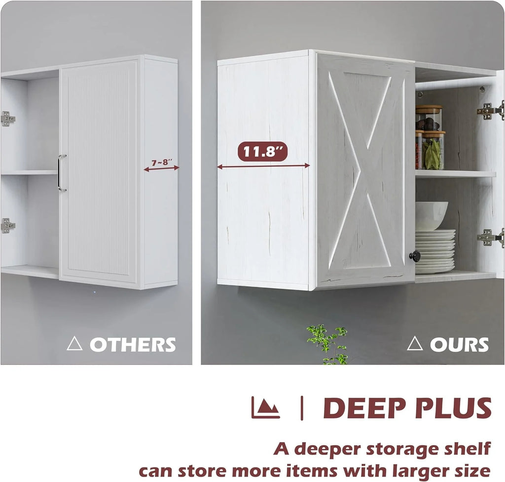Wall Storage Cabinets - Farmhouse Kitchen Laundry White Wall Mounted Cabinets with 3 Doors and Shelves, 35inch Wide