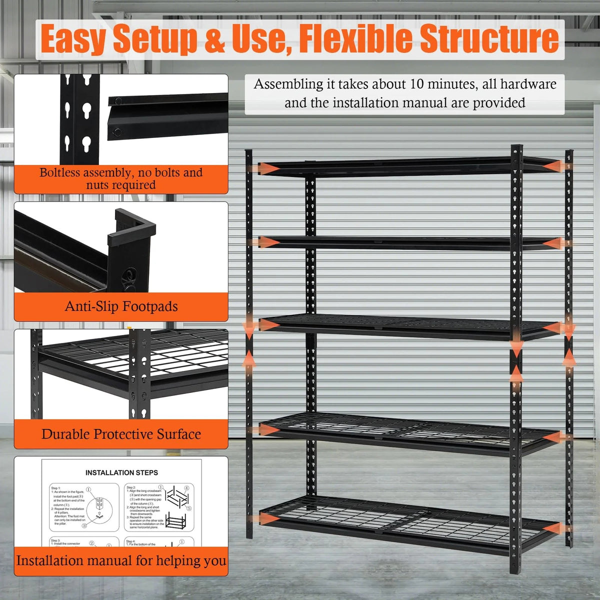 60" W Garage Shelving Units Heavy Duty,5-Tier Adjustable Storage Shelves 2500 LBS Metal Storage Utility Racks 24" D x 72" H
