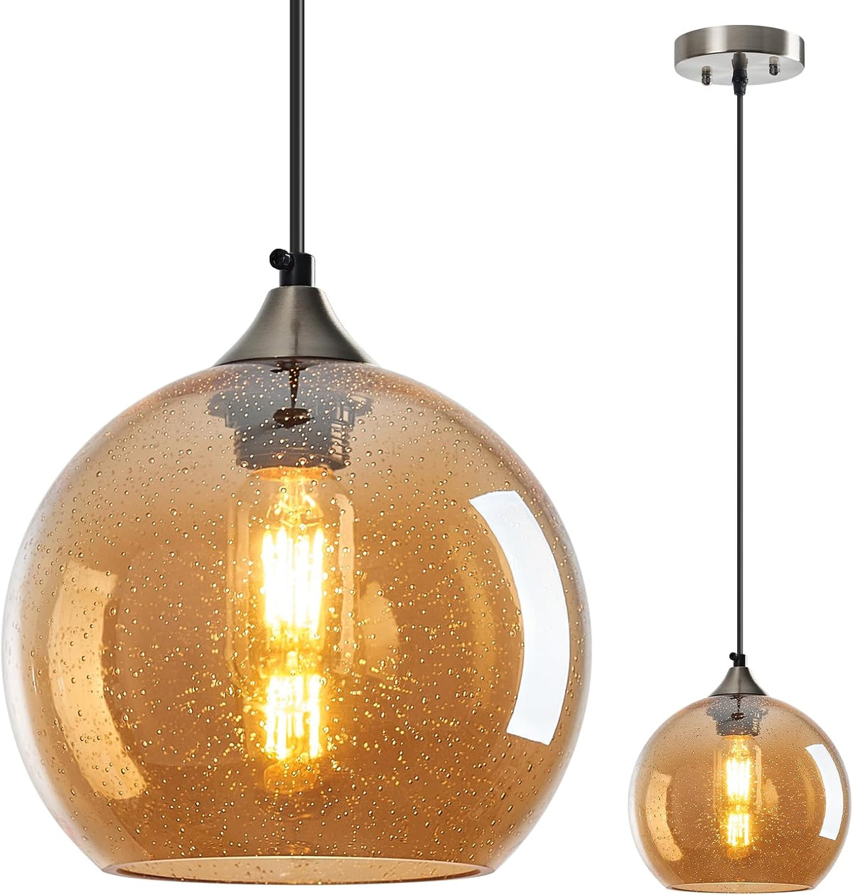 Amber Pendant Lights Kitchen Island 3 Pack, 5.9 in Seeded Glass Globe