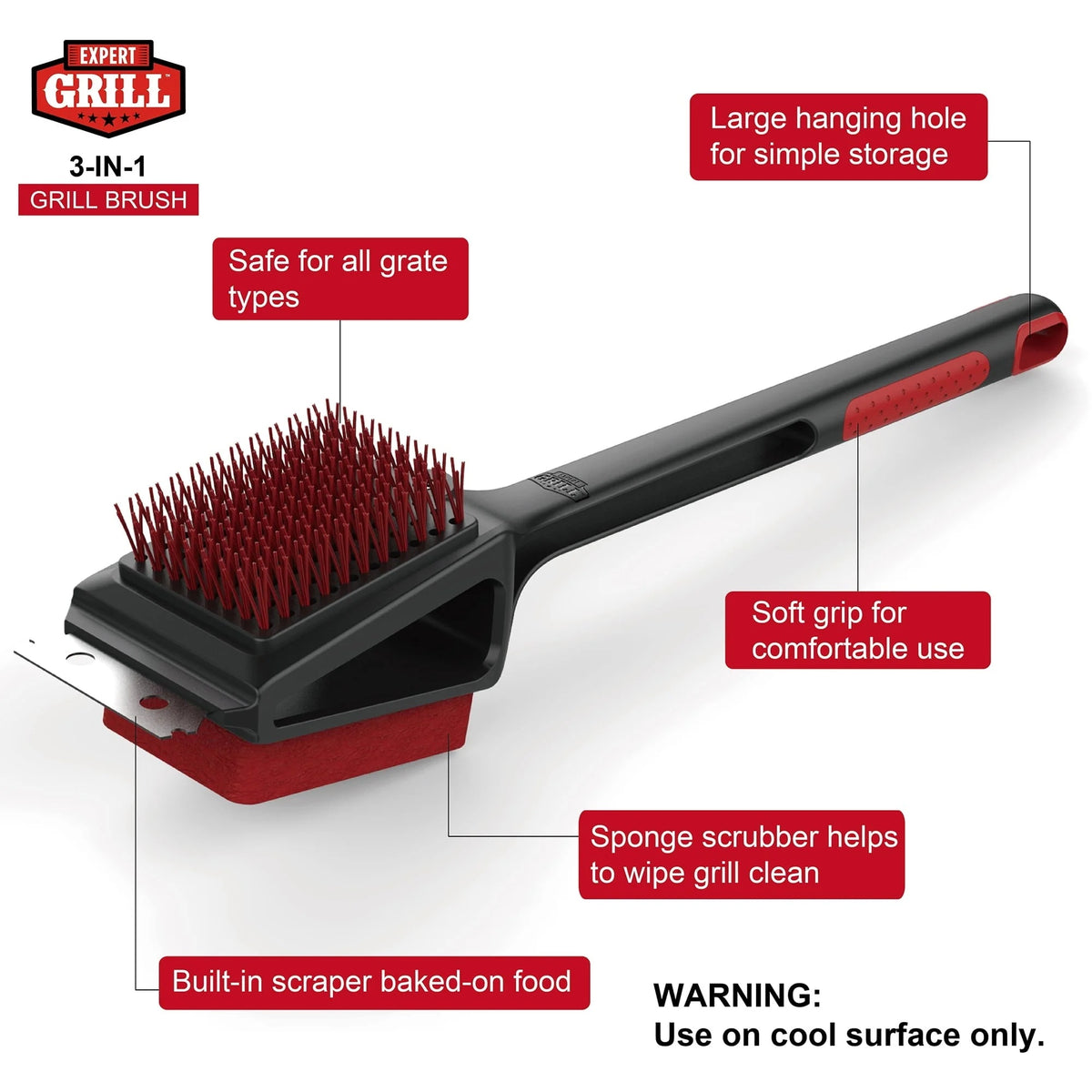Expert Grill 3 in 1 Cleaning Grill Brush with Stainless Steel Scraper
