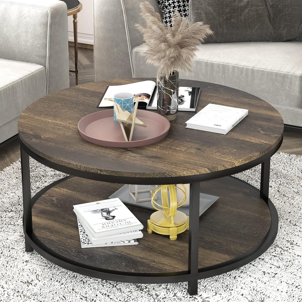Round Coffee Table, 36" Coffee Table for Living Room, 2-Tier Rustic Wood Desktop with Storage Shelf, Modern Design Home Furniture (Light Walnut)
