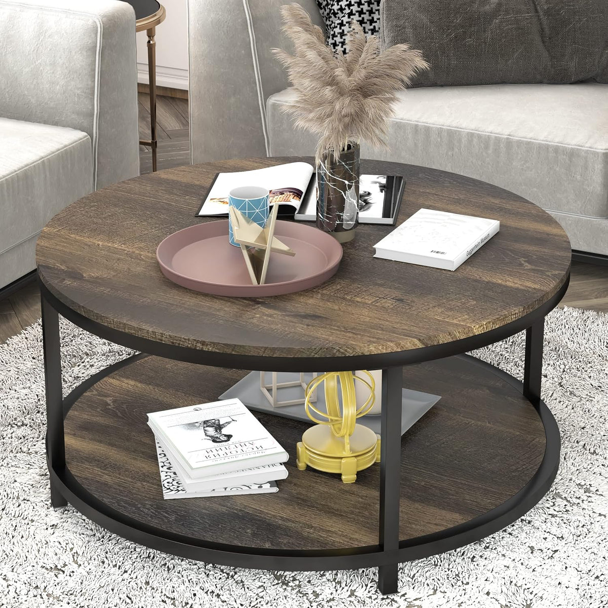 Round Coffee Table, 36" Coffee Table for Living Room, 2-Tier Rustic Wood Desktop with Storage Shelf, Modern Design Home Furniture (Light Walnut)