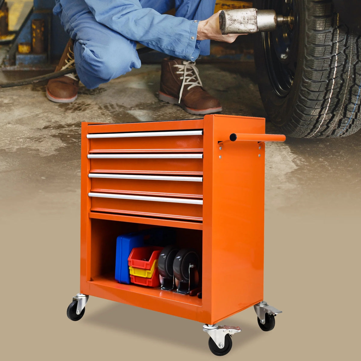 4 Drawers Multifunctional Tool Cart with Wheel Steel Tool Chest Storage Cabinet