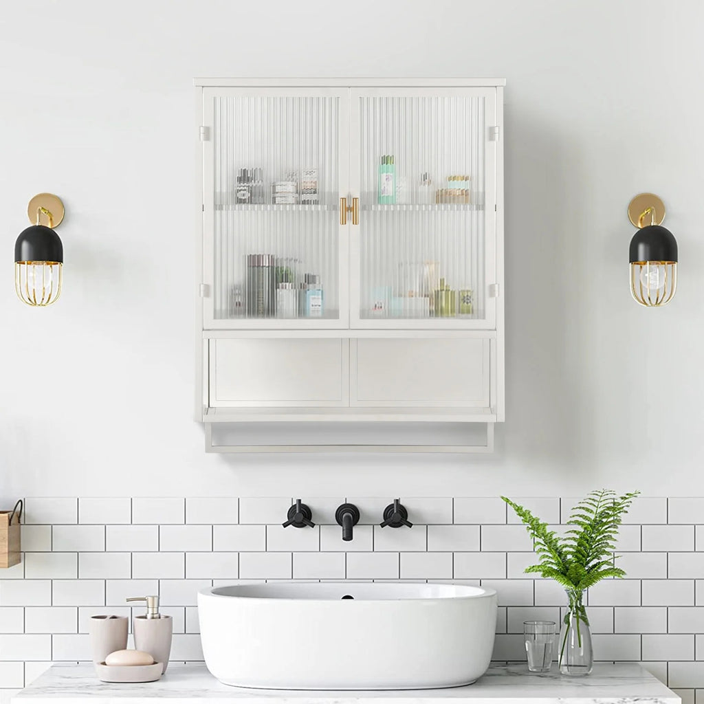 Two-door Wall Cabinet, Modern Kitchen Wall Mounted Cabinet with 2 Glass Doors, Two-tier Enclosed Storage, an Open Shelf, Towel Rack, Metal Wall Cabinet for Entryway, Living Room, Bathroom,  White