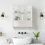 Two-door Wall Cabinet, Modern Kitchen Wall Mounted Cabinet with 2 Glass Doors, Two-tier Enclosed Storage, an Open Shelf, Towel Rack, Metal Wall Cabinet for Entryway, Living Room, Bathroom,  White