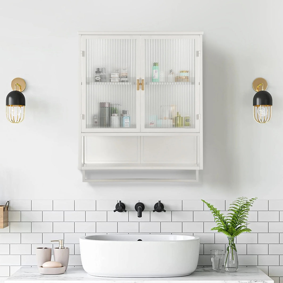 Two-door Wall Cabinet, Modern Kitchen Wall Mounted Cabinet with 2 Glass Doors, Two-tier Enclosed Storage, an Open Shelf, Towel Rack, Metal Wall Cabinet for Entryway, Living Room, Bathroom,  White