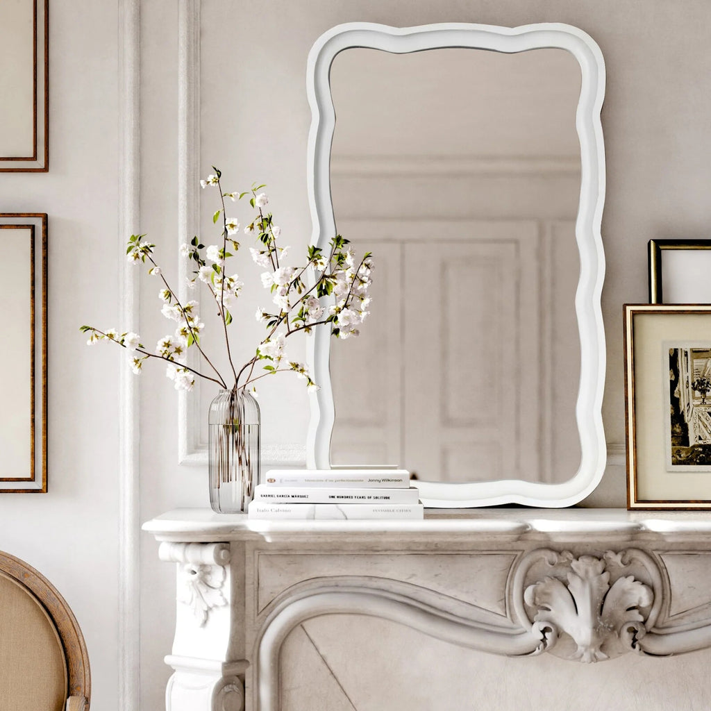 Curved Scallop Wood Frame Accent Mirror, Modern Decorative Wall Mirror for Living Room, Bedroom and Entryway