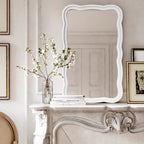 Curved Scallop Wood Frame Accent Mirror, Modern Decorative Wall Mirror for Living Room, Bedroom and Entryway