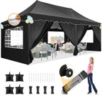 SANOPY 10' x 20' Pop up Canopy Party Tent with 6 Removable Sidewalls, Wave Eave Outdoor Waterproof Patio Gazebo Tent with Carry Bag, Backyards Camping Picnics, Black