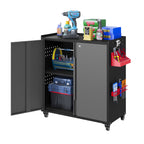 Metal Storage Cabinet with Wheels,Tool Storage Cabinet with Doors and Shelves Adjustable,Heavy Duty Garage Storage Cabinet,Steel Locking Storage Cabinet for Garage/Warehouse/Office/School/Home-Black