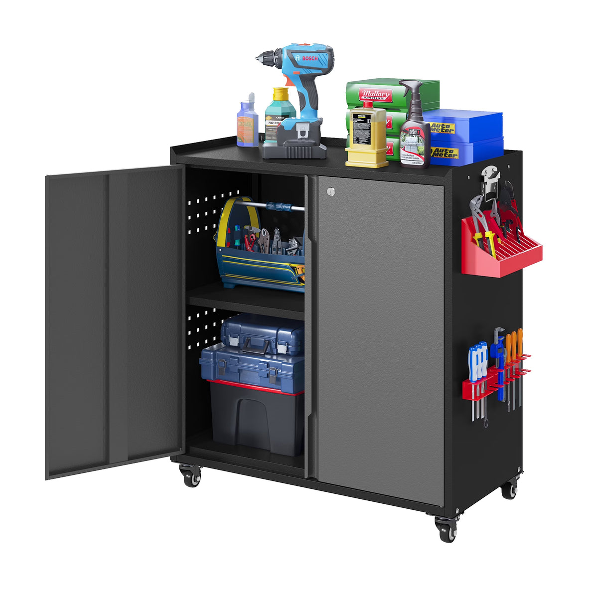 Metal Storage Cabinet with Wheels,Tool Storage Cabinet with Doors and Shelves Adjustable,Heavy Duty Garage Storage Cabinet,Steel Locking Storage Cabinet for Garage/Warehouse/Office/School/Home-Black
