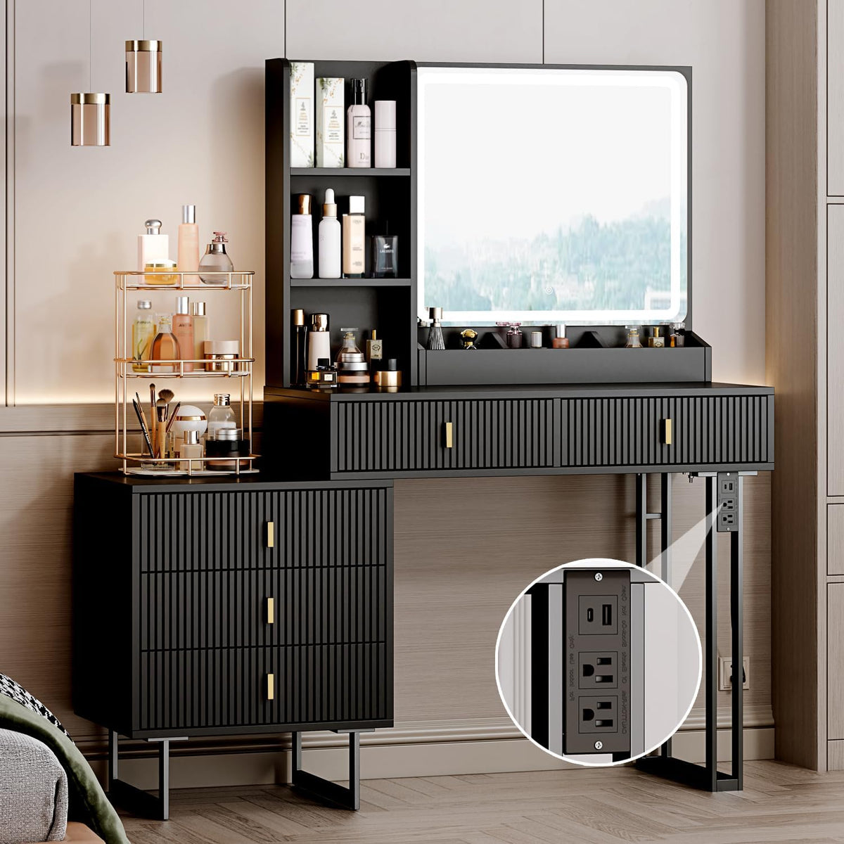 Large Vanity Desk with 3 Color Touch Screen Dimming Mirror, Vanity Desk with Charging Station, Modern Retractable Makeup Dressing Table, Vanity Table With storage shelves and 5 Sliding Drawers, White