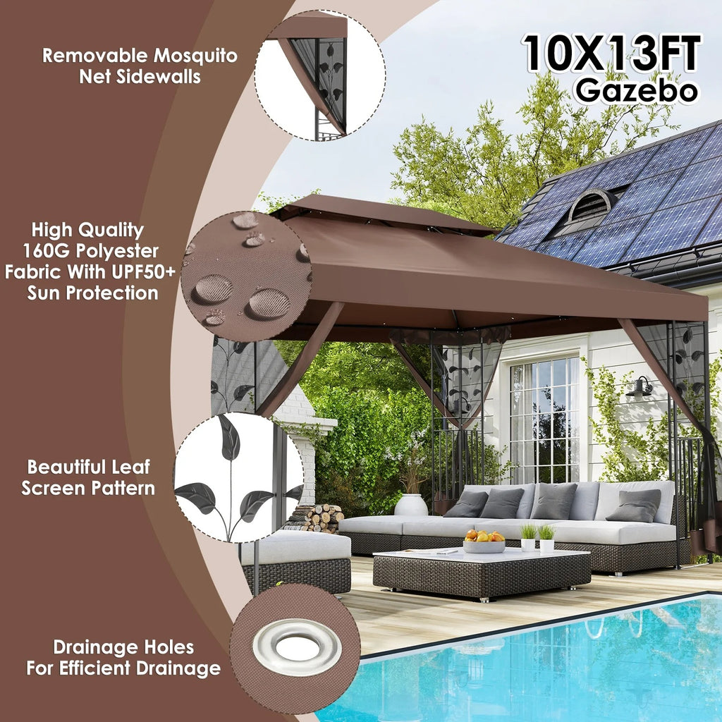 SANOPY 10'x13.3' Metal Patio Gazebo, Outdoor Gazebo Canopy Tent for Backyard with Mesh Curtains, Gazebos Shelter with Display Shelves, Steel Frame, Patio Covers for Tailgate