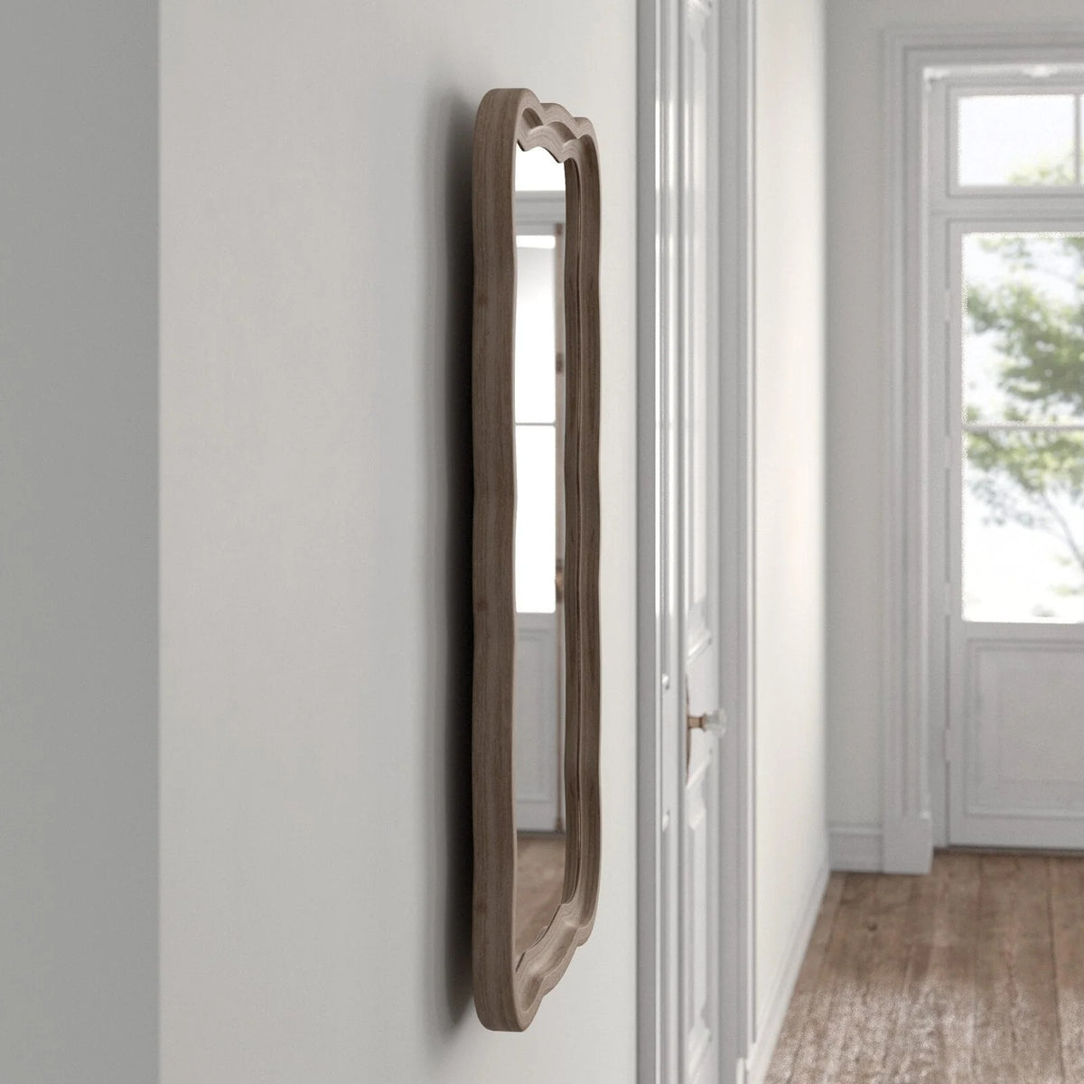 Curved Scallop Wood Frame Accent Mirror, Modern Decorative Wall Mirror for Living Room, Bedroom and Entryway