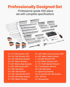 VEVOR Mechanics Tool Set and Socket Set,450 Pcs, 1/4, 3/8 and 1/2 inch Drive Deep and Standard Sockets, SAE Metric Mechanic Tool Kit with Bits, Wrenches, Accessories, Storage Case with Orange Drawer