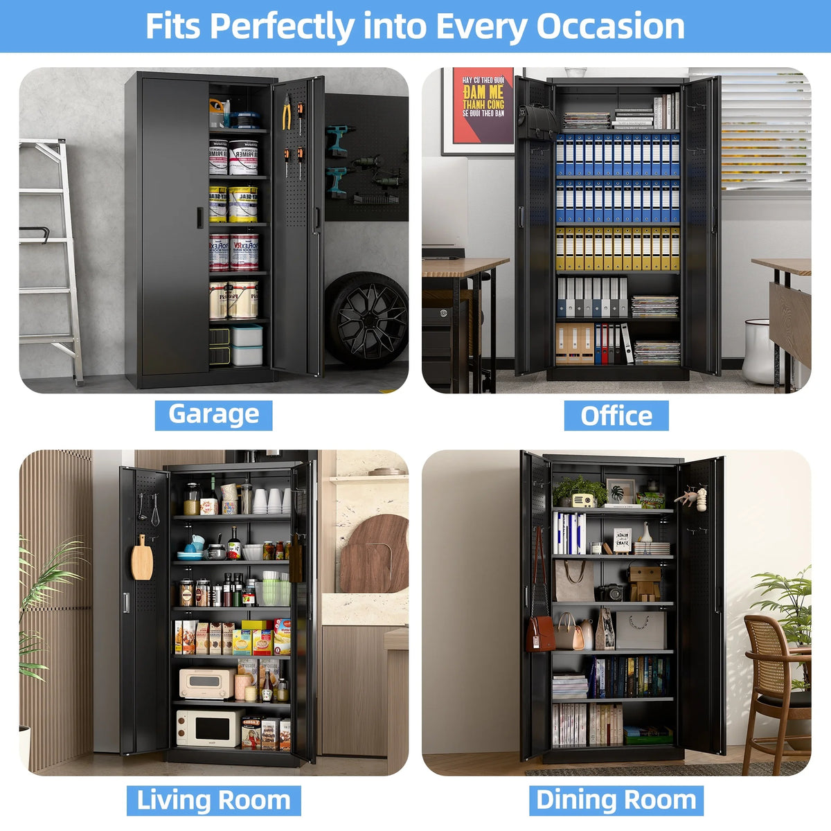 GAEANET 2 Door Metal Storage Cabinet with 5 Adjustable Shelves &Pegboard, 71" H-32" W-16" D Locking Steel Garage Cabinet, for Garage,Office,Home,Gym,School, File Cabinet,Assembly Required, Black