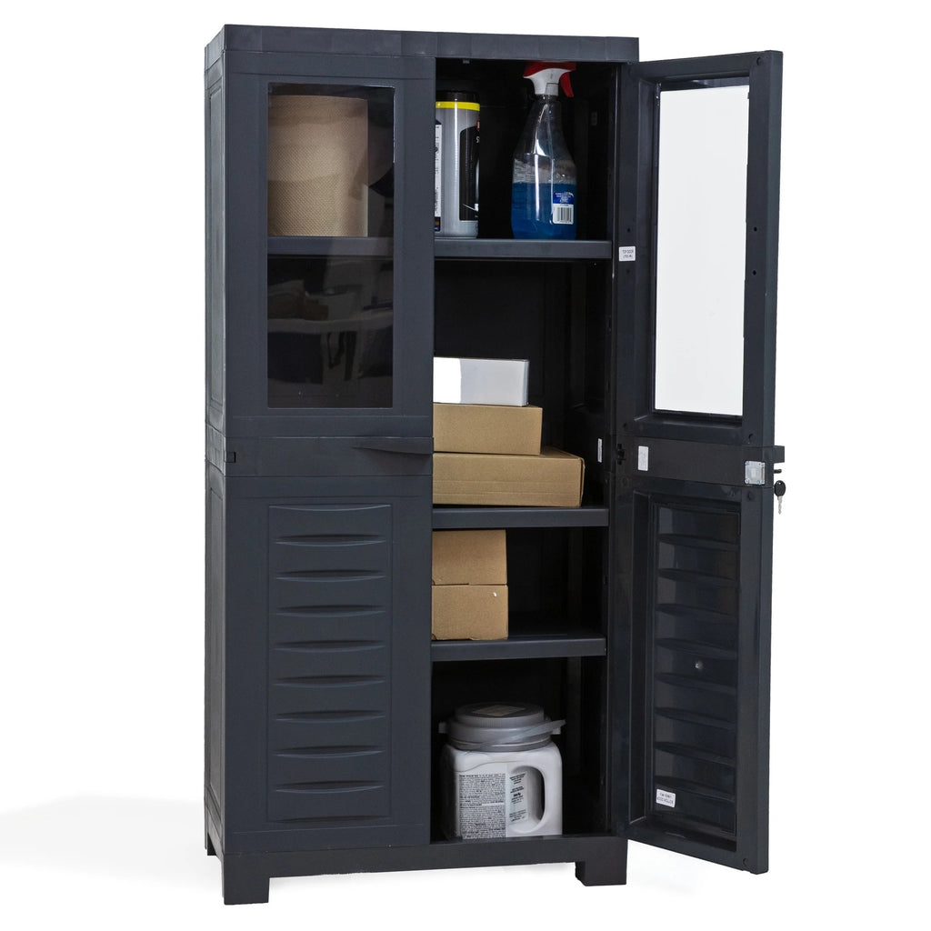 Sunnydaze Lockable Adjustable 48.75" Plastic 3-Shelf Freestanding Garage Storage Cabinet, Charcoal