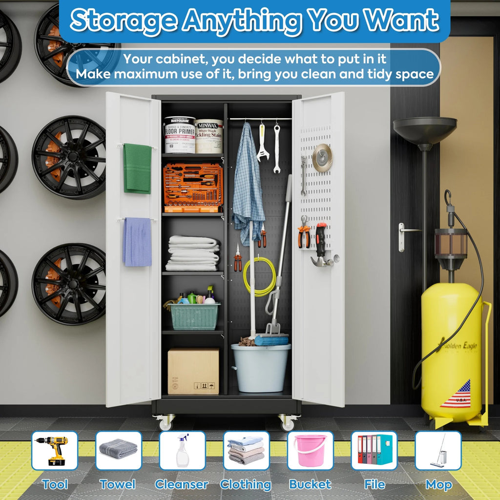 GangMei 71 Inches Tall Metal Garage Storage Cabinets with 5 Adjustable Shelves & Pegboards, Lockable Steel Black Storage Cabinet with Doors for Office, Home, School, Shops, Garage, Assembly required