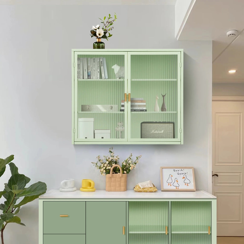 Two-door Wall Cabinet, Modern Kitchen Wall Mounted Cabinet with 2 Glass Doors, Two-tier Enclosed Storage, an Open Shelf, Towel Rack, Metal Wall Cabinet for Entryway, Living Room, Bathroom,  White