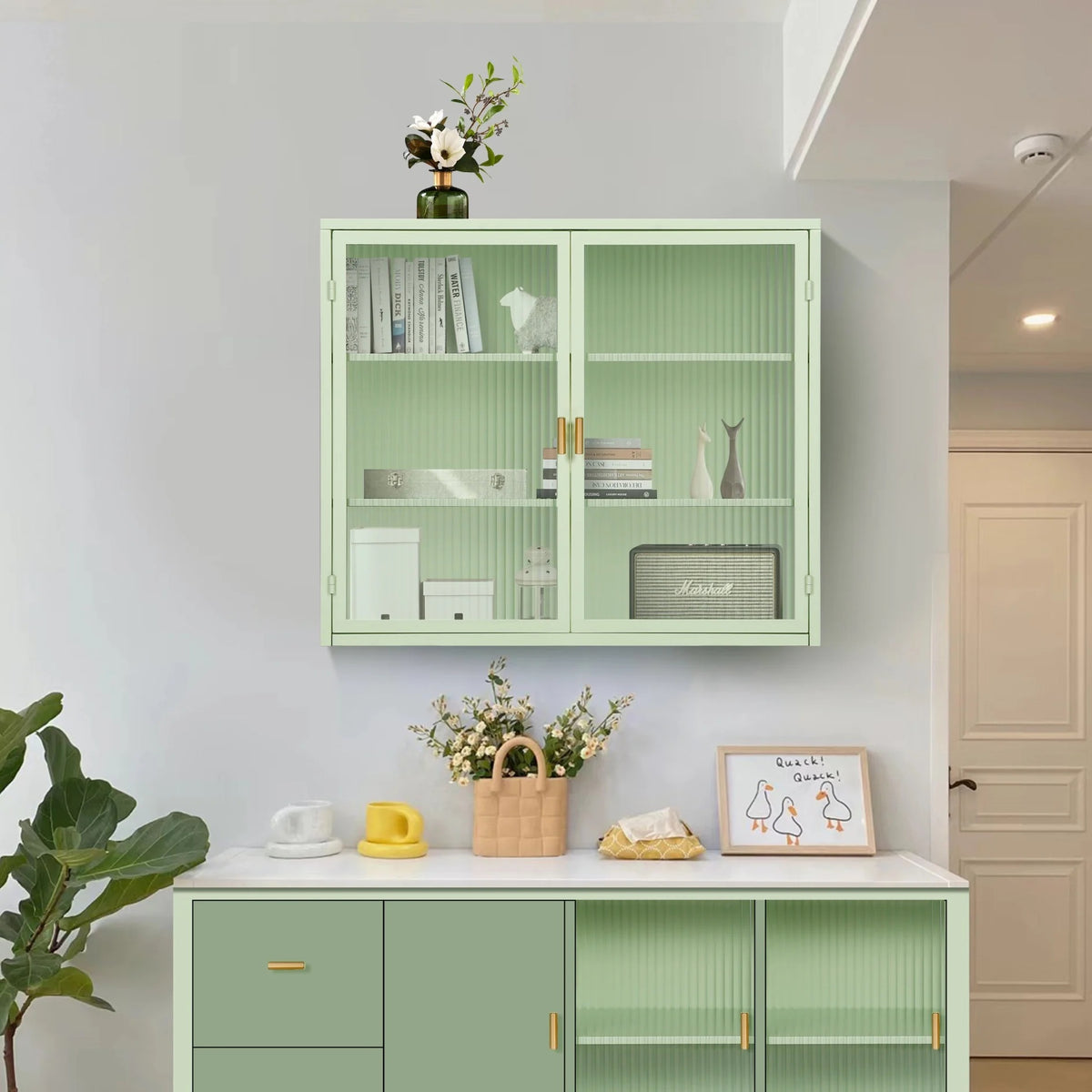 Two-door Wall Cabinet, Modern Kitchen Wall Mounted Cabinet with 2 Glass Doors, Two-tier Enclosed Storage, an Open Shelf, Towel Rack, Metal Wall Cabinet for Entryway, Living Room, Bathroom,  White