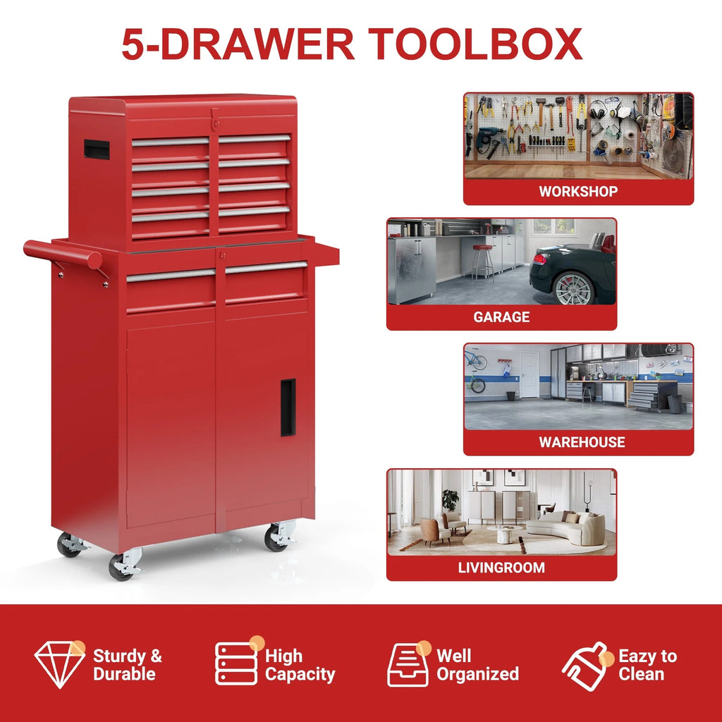 MUCHANT 5-Drawer Rolling Tool Chest, 2-in-1 Tool Box& Cabinet with Wheels, Drawers and Removable Top Tool Box for Garage, Warehouse, Workshop, Repair Shop, Black