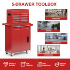 MUCHANT 5-Drawer Rolling Tool Chest, 2-in-1 Tool Box& Cabinet with Wheels, Drawers and Removable Top Tool Box for Garage, Warehouse, Workshop, Repair Shop, Black