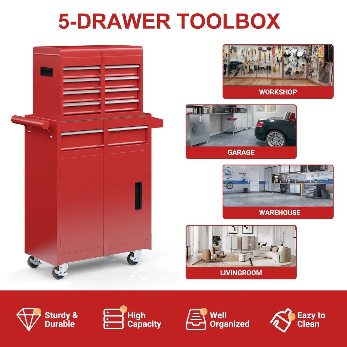 MUCHANT 5-Drawer Rolling Tool Chest, 2-in-1 Tool Box& Cabinet with Wheels, Drawers and Removable Top Tool Box for Garage, Warehouse, Workshop, Repair Shop, Black